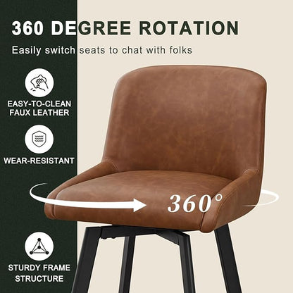 Swivel Bar Stools Set of 3, 30''H Upholstered Barstools with Backs, Modern Counter Height Bar Stool Chairs for Kitchen Island, Metal Legs, Faux Leather, Brown Counter Stools