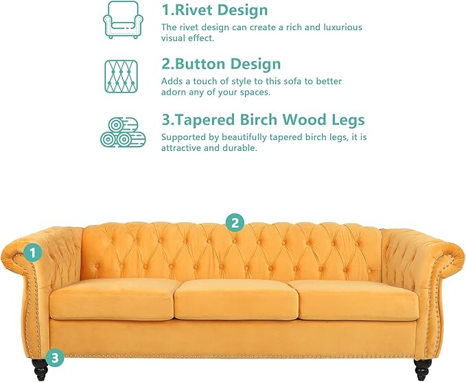 2 Piece Living Room Sofa Set, 3 Seater Velvet Sofa Couch and Chair Set, Mid Century Modern Upholstered Couch with Cushions, Comfy Tufted Chesterfield Couches for Living Room, Bedroom, Office