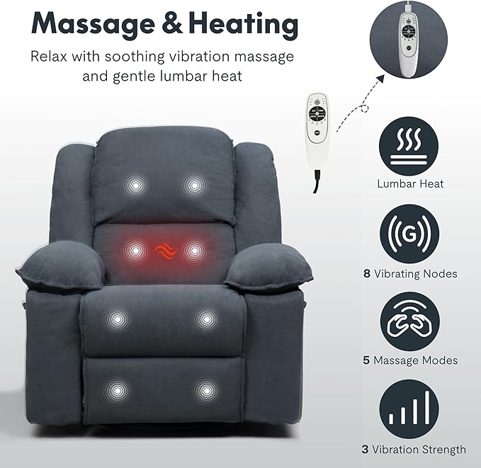 FLEXISPOT Massage Swivel Rocker Recliner Chair for Adults, Rocking Chair Nursery with Massage and Heat, USB Charging Port, 360° Swivel Recliner for Living Room Bedroom Nursery, Blue Gray (XRC2)