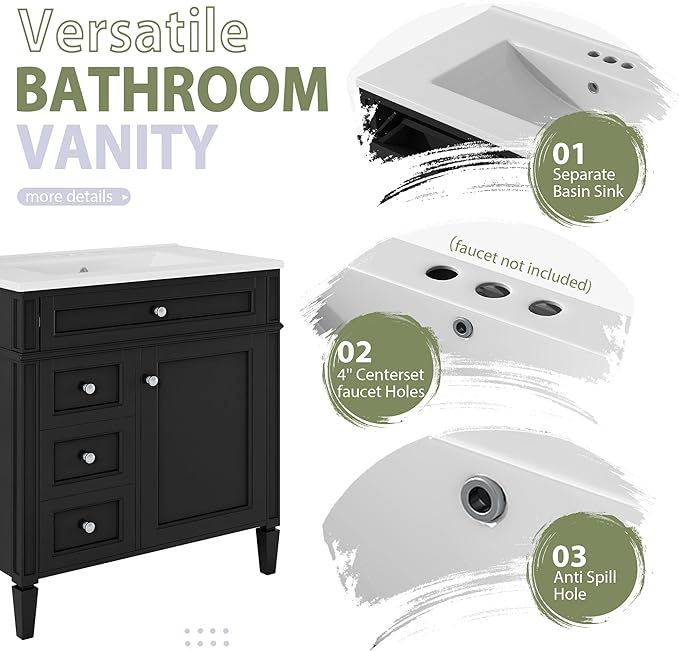 30" Bathroom Vanity with Matching Medicine Cabinet, Modern Sink Storage Cabinet with Drawers, Soft Closing Doors and Shelf, Bathroom Vanities with Sink & Mirror
