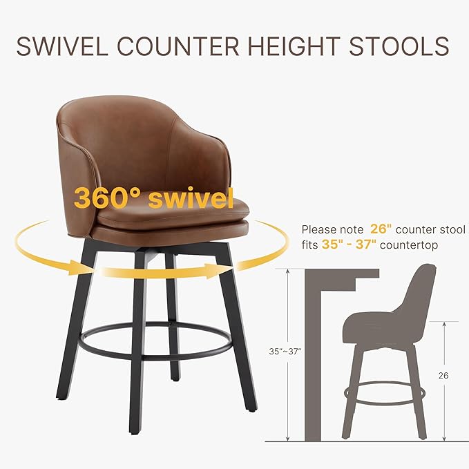 Counter Height Barstools 26 inch Upholstered Swivel Bar Stools with Back and Wood Legs for Kitchen Island,Set of 1,Brown PU Leather