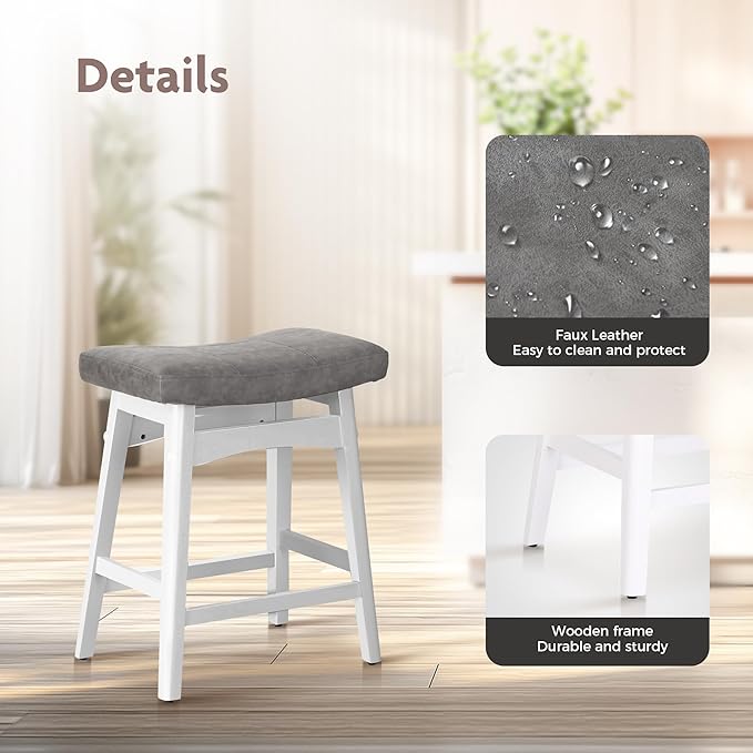 ALPHA HOME Bar Stools Set of 1, Solid Wood Saddle Kitchen Stools with Grey PU Leather Cushion Counter Height Barstools with Wooden Base for Kitchen Dining Cafe, 24 Inch, Grey, 1PCS