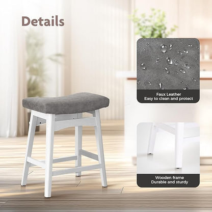 ALPHA HOME Bar Stools Set of 1, Solid Wood Saddle Kitchen Stools with Grey PU Leather Cushion Counter Height Barstools with Wooden Base for Kitchen Dining Cafe, 24 Inch, Grey, 1PCS