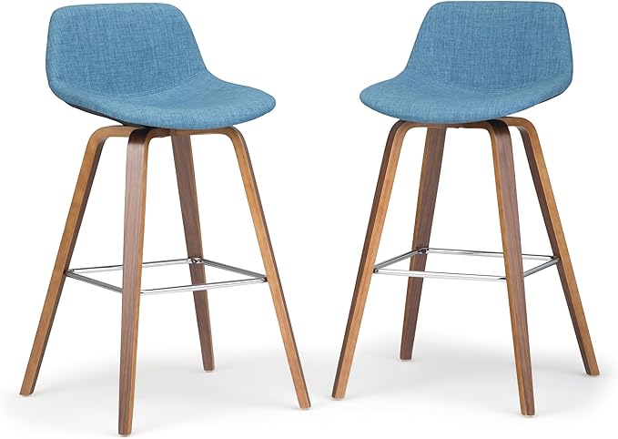 SIMPLIHOME Randolph Counter Stools (Set of 2) - 28 Inch Seat Height Upholstered Bentwood Kitchen Seats in Medium Blue Linen Look Fabric, Mid Century Modern Seating with Curved Backrest and Footrest