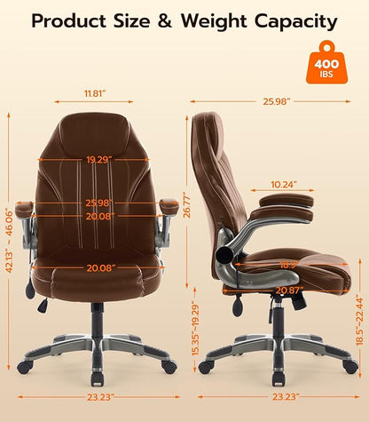 Office Desk Chair, Ergonomic Computer Chair with Padded Flip-Up Arms and Adjustable Lumbar Support, PU Leather Executive Chair with Tilt Lock and 360° Swivel Rolling Wheels for Work, Study