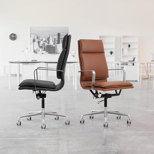 Laura Davidson Furniture Lexi II Padded Office Chair - Tall Back Desk Chair with Arm Rest, Swivel & Cushion Availability, Made of Faux Leather, Brown, Computer Chair