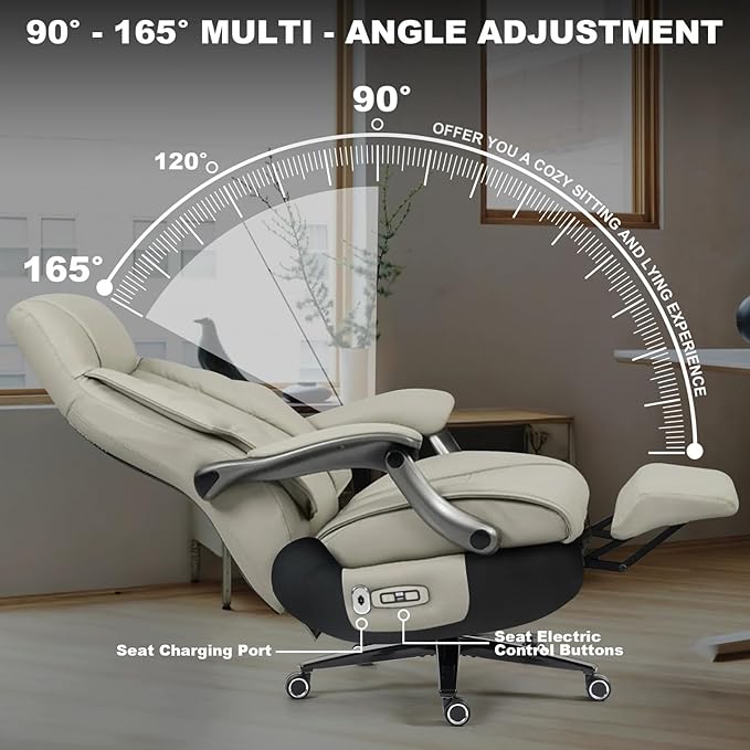 Kinnls Magnus Massage Office Chair with Ventilation and Heating,Leather Power Recliner Chair with Footrest,Big and Tall Ergonomic Comfy Home Office Desk Chairs High Back 500lbs (Light Gray)