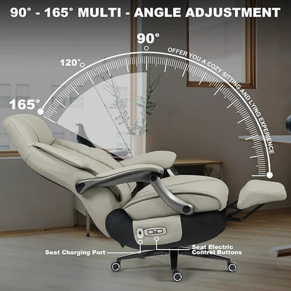 Kinnls Magnus Massage Office Chair with Ventilation and Heating,Leather Power Recliner Chair with Footrest,Big and Tall Ergonomic Comfy Home Office Desk Chairs High Back 500lbs (Light Gray)