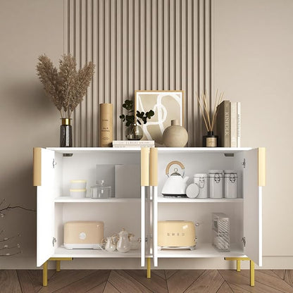 4 Doors Sideboard Buffet Cabinet with Adjustable Shelves,Modern Accent Sideboard with Golden Legs,Wide Storage Cabinet for Kitchen,Living Room,White