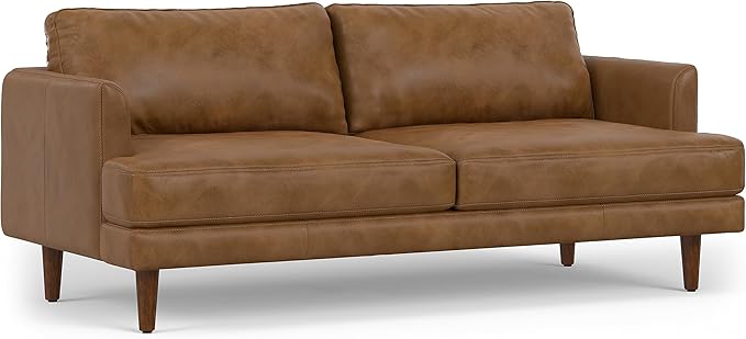 SIMPLIHOME Livingston 76-inch Wide Sofa in Caramel Brown Top Grain Genuine Leather, Handcrafted Mid-Century Modern Loveseat for Living Room, Compact 2-Seater with Feather-Wrapped Cushions