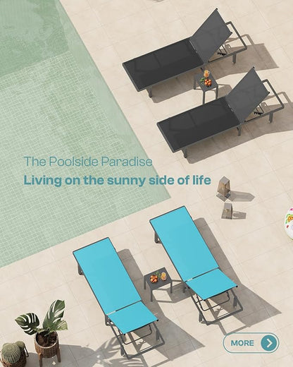 Pool Lounge Chairs, Chaise Lounge Outdoor with Wheels and 5-Position Recliner -Easy to Move- Aluminum Patio Lounge Chair for Poolside, Deck (Black)
