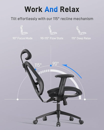 Ergonomic Office Desk Chair, Comfortable Computer Gaming Chair, Breathable Mesh Back & Seat, Adjustable Armrest & Headrest, Lumbar Support, Butterfly Design for Home Office (Black)