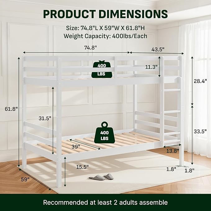Softa Full Over Full Bunk Bed with Thick Posts,Wooden Bunk Bed with High Guardrail and Ladder for Kids, Teens, Dorm Rooms, and Guest Rooms,No Box Spring Needed,White