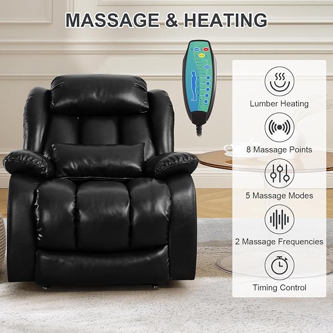 EDILLY Large Lift Chair Recliner, Genuine Leather Dual Motor Recliners Chairs for Elderly, Heating and Massage for Seniors, Double Lumbar Cushions and Extended Footrest, USB/Type-c Port(Black)