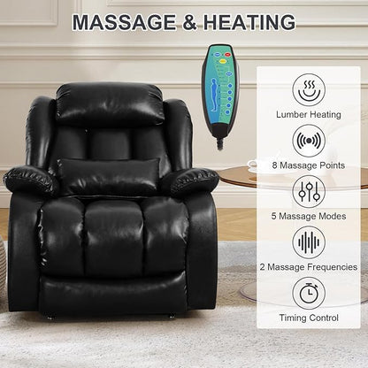 EDILLY Large Lift Chair Recliner, Genuine Leather Dual Motor Recliners Chairs for Elderly, Heating and Massage for Seniors, Double Lumbar Cushions and Extended Footrest, USB/Type-c Port(Black)