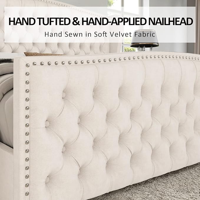 AMERLIFE California King Size Platform Bed Frame, Velvet Upholstered Bed with Deep Button Tufted & Nailhead Trim Wingback Headboard/No Box Spring Needed, Cream