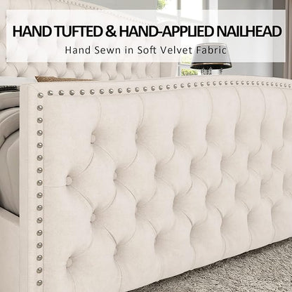 AMERLIFE California King Size Platform Bed Frame, Velvet Upholstered Bed with Deep Button Tufted & Nailhead Trim Wingback Headboard/No Box Spring Needed, Cream