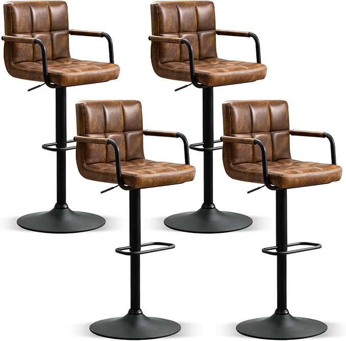 Furniliving Swivel Bar Stools Set of 4, Adjustable Kitchen Counter Height BarStools with Arms, PU Leather Upholstered Bar Chair with Back and Footrest for Dining Room, Kitchen, Pub, Bar (Yellowbrown)