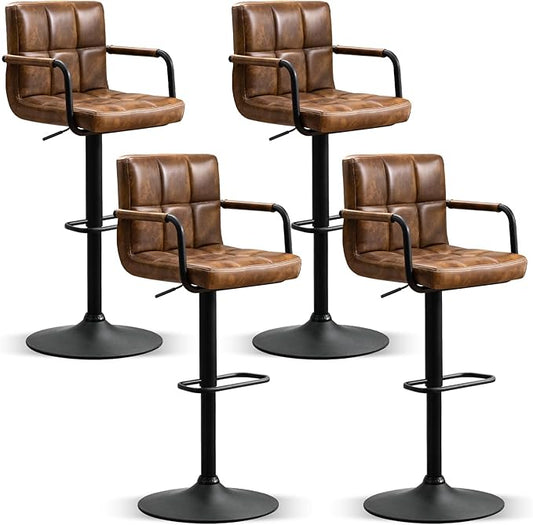 Furniliving Swivel Bar Stools Set of 4, Adjustable Kitchen Counter Height BarStools with Arms, PU Leather Upholstered Bar Chair with Back and Footrest for Dining Room, Kitchen, Pub, Bar (Yellowbrown)