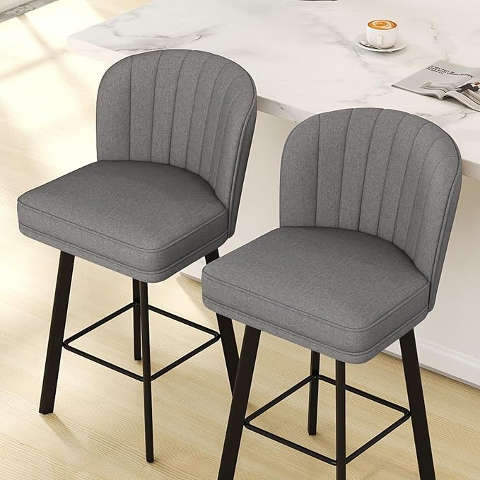 Swivel Counter Height Bar Stools Set of 2, 26'' Modern Barstools with Backs and Metal Legs, Upholstered Bar Chairs,Mid-Gray,Fabric Stools for Kitchen Island Chairs