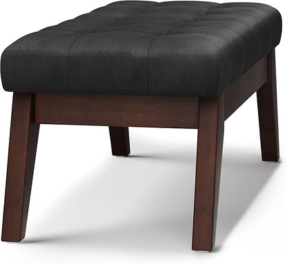 SIMPLIHOME Draper 40 inch Wide Mid Century Modern Rectangle Tufted Ottoman Bench in Distressed Black Vegan Faux Leather, Assembled, For the Living Room and Bedroom