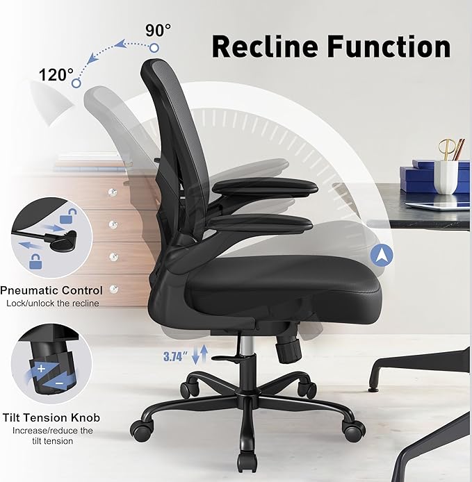 ZZH Ergonomic Office Chair Set of 2 with Adjustable Lumbar Support, Mesh Home Office Desk Chair with Wheels and Flip-up Arms, Black