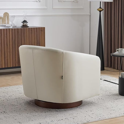 AEDI Genuine Leather Swivel Accent Chair with Solid Wood Base, Upholstered Barrel Armchair for Living Room, Modern Small Club Chair,Light Gray