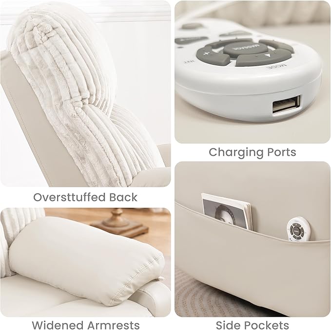 Power Swivel Rocker Recliner Chair with Massage and Heat for Adults, Electric Infinite Position Recliner with USB Charging Port, Corduroy and PU Leather Mixed Fabric, Easy Assembly (Ivory)