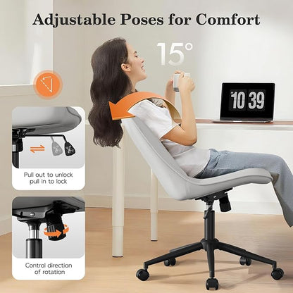Armless Desk Chair, Armless Office Chair with Wheels, Small Desk Chair No Arms for Home Office, Swivel Vantiy Chair with Backs for Bedroom, Rolling Task Chair for Small Space, White