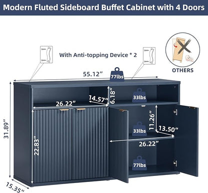 LEYAOYAO Fluted Buffet Cabinet with Storage, 55" Wide Wood Sideboard Credenza with 4 Doors & Open Storage Shelf, Modern Kitchen Console Accent Cabinets, Coffee Bar Table for Dining Room, Dark Blue