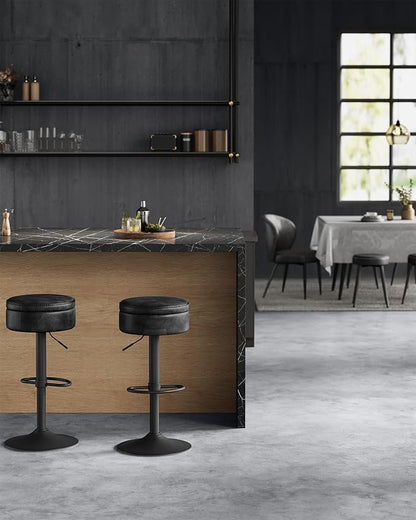 VASAGLE EKHO Collection - 360° Swivel Bar Stools Set of 2, Height Adjustable Barstools with Storage, Synthetic Leather with Stitching, Mid-Century Modern, Kitchen Bar, Easy Assembly, Ink Black