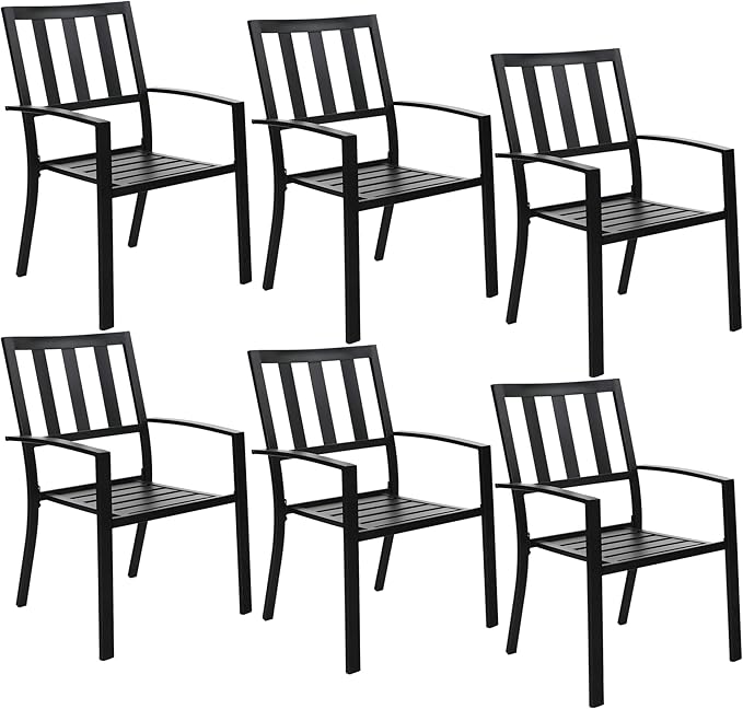 PHI VILLA Metal Outdoor Dining Chairs Set of 6 - Stackable Black Patio Chairs, 300lb Capacity (Stripe)