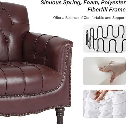 Faux Leather Accent Chair, PU Leather Modern Comfy Upholstered Armchair with Wood Legs & Nailhead Trim for Living Room, Bedroom