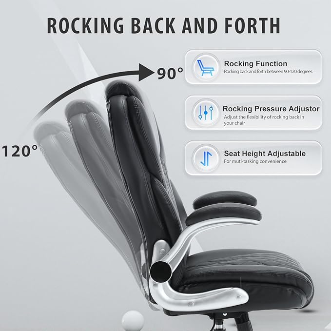 Executive Office Chair, High Back Faux Leather Ergonomic Office Desk Chairs with Wheels, 90-120° Rocking Managerial Swivel Home Computer Chairs with Flip up Arms Lumbar Support(Black)