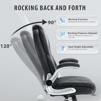 Executive Office Chair, High Back Faux Leather Ergonomic Office Desk Chairs with Wheels, 90-120° Rocking Managerial Swivel Home Computer Chairs with Flip up Arms Lumbar Support(Black)