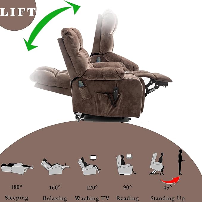 Large Power Lift Recliner Chair with Massage and Heat for Elderly,Overstuffed Wide Recliners,Breathable Leather with 2 Cup Holders,Dual OKIN Motor,Recline up to 180 Degrees