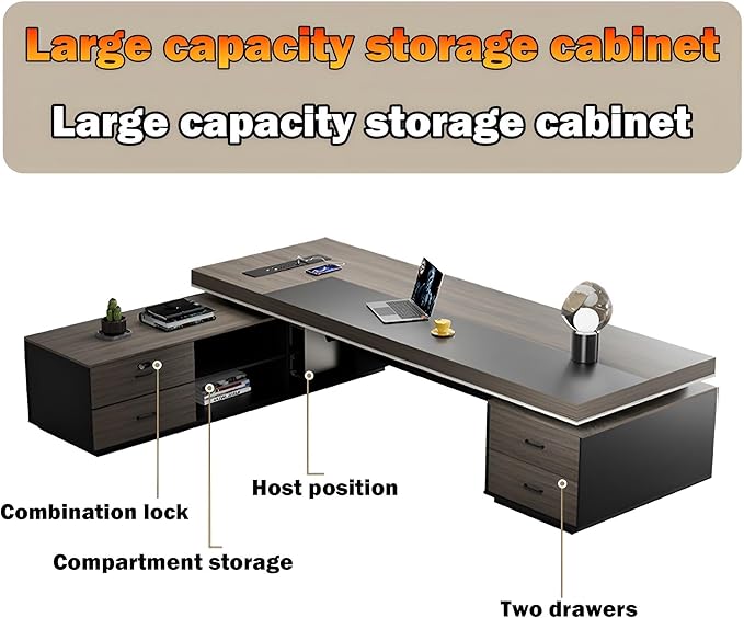 Large Executive Desk, Modern L-Shaped Computer Desk with Side Cabinets, Drawers and Password Lock, CEO Business Furniture Desk (Chair Not Included)(63x29.5x94.48inch)