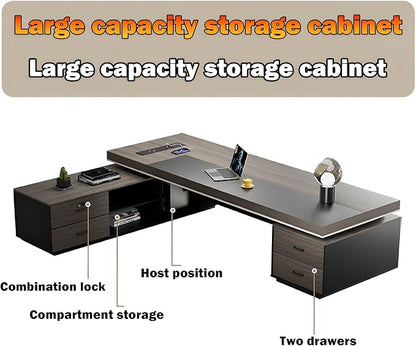 Modern Large Desk, Modern L-shaped Desk With Side Cabinets, Executive Desk With Combination Lock Drawer, Business Furniture Desk With Simple Cable Management (chair Not Included)(63x29.5x110inch)