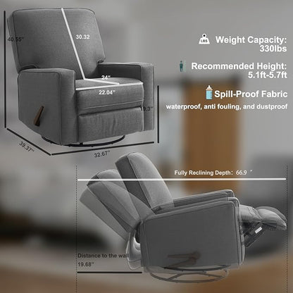 Harkawon Swivel Rocker Recliner Chair, Glider Rocker Recliner, Rocking Chair Nursery, Fabric Chair with High Back, Deep Seat, for Living Room, Bedroom (Dark Grey+Brown)
