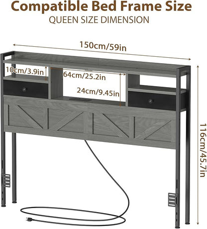 Queen Size Headboard with Drawers, Outlets & USB Ports,Sturdy Wood Bed Frame with Adjustable Height, Built-in LED Lighting (Grey, Queen 59 * 7.08 * 45.7)