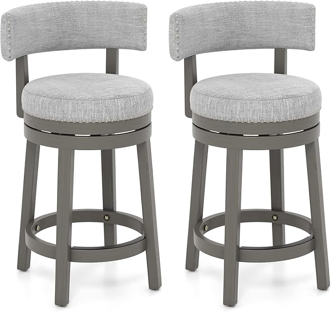 COSTWAY Bar Stool Set of 2, 27-inch 360° Swivel Barstool with Upholstered Back & Seat, Solid Rubber Wood Legs & Footrest, Farmhouse Counter Height Chair for Home, Bar, Cafe, Grey (2, Seat height 27‘’)