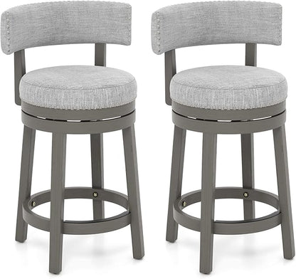 COSTWAY Bar Stool Set of 2, 27-inch 360° Swivel Barstool with Upholstered Back & Seat, Solid Rubber Wood Legs & Footrest, Farmhouse Counter Height Chair for Home, Bar, Cafe, Grey (2, Seat height 27‘’)