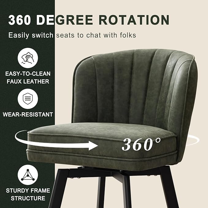 Swivel Counter Height Bar Stools Set of 3, 26'' Modern Barstools with Backs and Metal Legs, Upholstered Bar Chairs, Faux Leather Green Stools for Kitchen Island Chairs