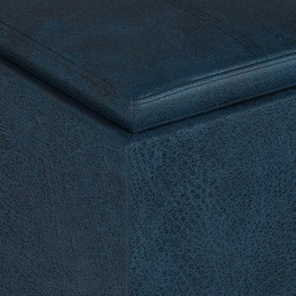 SIMPLIHOME Rockwood 18 inch Wide Contemporary Square Cube Storage Ottoman with Tray in Distressed Dark Blue Vegan Faux Leather, Assembled, For the Living Room, Entryway and Family Room