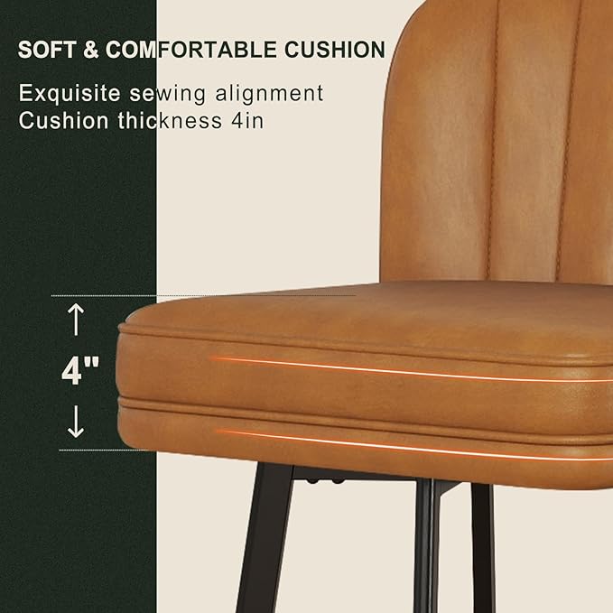 Swivel Counter Height Bar Stools Set of 3, 26'' Modern Barstools with Backs and Metal Legs, Upholstered Bar Chairs, Faux Leather Whiskey Brown Stools for Kitchen Island Chairs