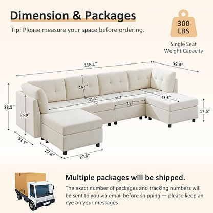 VANOMi 4 Seat Modular Sectional Sofa with 2 Ottomans, 118" Cloud Sofas & Couches, Comfy Chenille Sectional Couches for Living Room, Apartment, Office, Beige, U Shaped