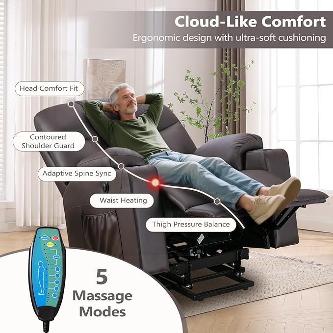 ANJ Brown Power Lift Recliner Chair for Elderly with Heat & Massage, Faux Leather Electric Recliner Sofa with Cup Holders, USB Port & Side Pockets, Heavy Duty Reclining Chair for Seniors