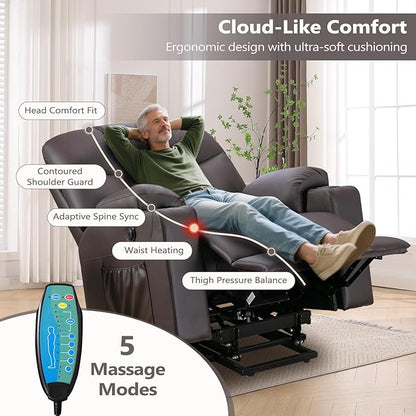 ANJ Brown Power Lift Recliner Chair for Elderly with Heat & Massage, Faux Leather Electric Recliner Sofa with Cup Holders, USB Port & Side Pockets, Heavy Duty Reclining Chair for Seniors