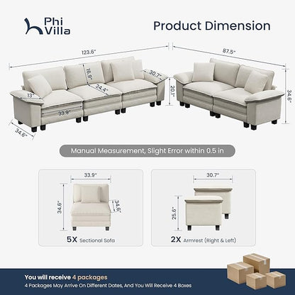PHI VILLA Cloud Modular Couches Sets, 2 Pieces Comfy Sectional Sofa Set with Loveseat, 5-Seater Upholstered Couch for Living Room, Chenille Fabric, Beige