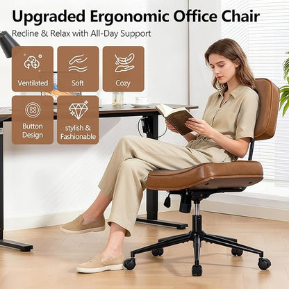 Armless Computer Chair, Small Desk Chair with Wheels and Adjustable Height, PU Leather Modern Swivel Walnut Task Chair for Home Office, Study, Library,Brown